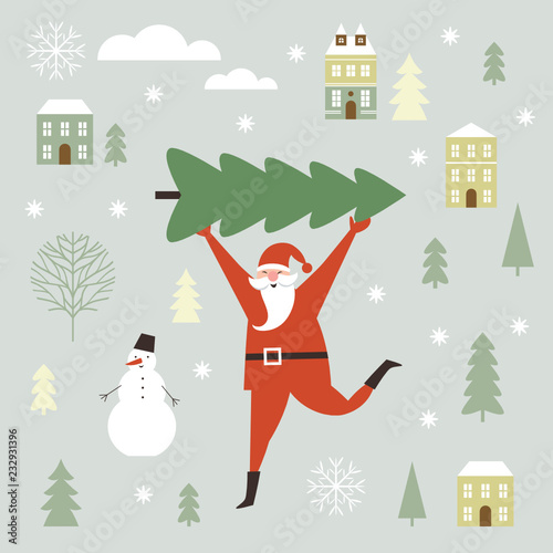 Santa Claus carry big Christmas tree. Greeting card. Merry Christmas and Happy New Year , flat vector illustration