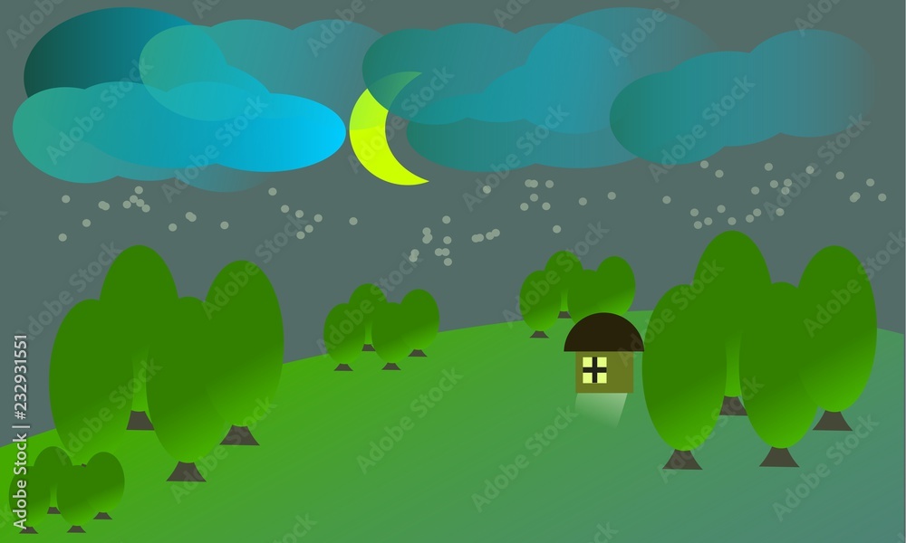 landscape view with tree and house at night landscape view with tree and house at night