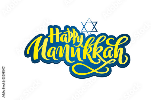 Hanukkah hand drawn lettering concept for designing holiday greeting card, poster, banner, logo, icon, invitation for Jewish holiday Hanukkah event. Winter celebration quotation Happy Hanukkah