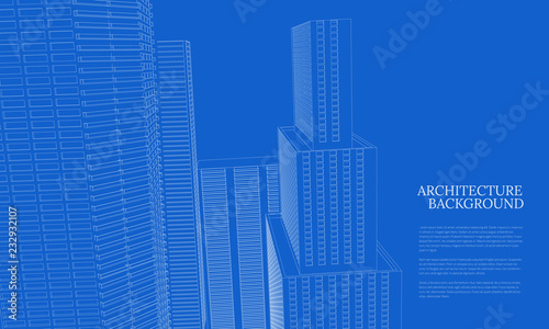 Perspective 3d architecture background with wireframe skyscrapers. Vector illustration.