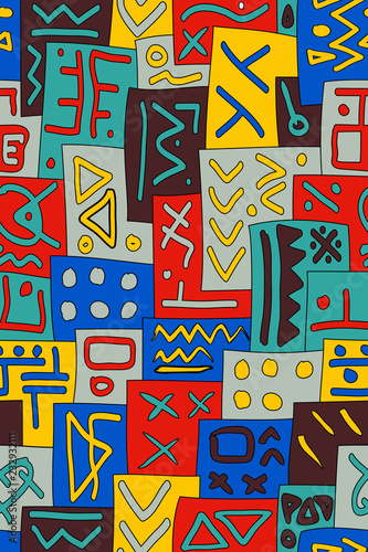African Tribal Seamless Vector Pattern. Abstract Hand-Drawn Ethnic Background. Vertical Orientation