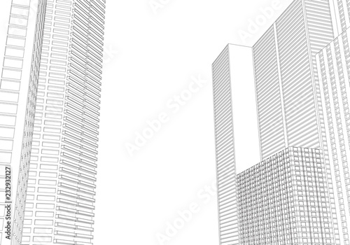 Perspective 3d architecture background with wireframe skyscrapers. Vector illustration.