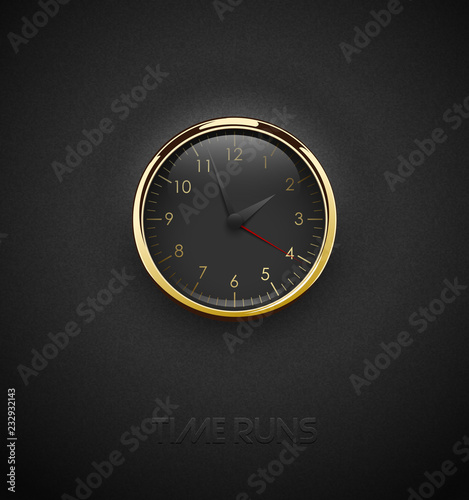 Realistic deep black round clock cut out on textured plastic dark background. Glossy golden frame ring. Gold round scale and numbers under glass. Vector icon or ui screen interface element.
