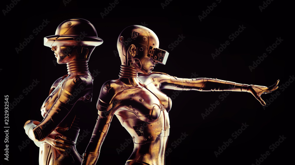 Two fashion robots on black background. Two fashion robots on black background.
