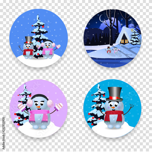 Christmas, new year round signs set with cute cartoon characters isolated photo