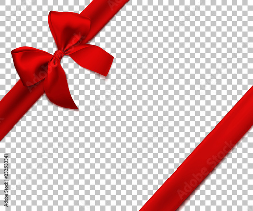 Realistic red bow and ribbon isolated on transparent background. Template for brochure or greeting card. Vector illustration.