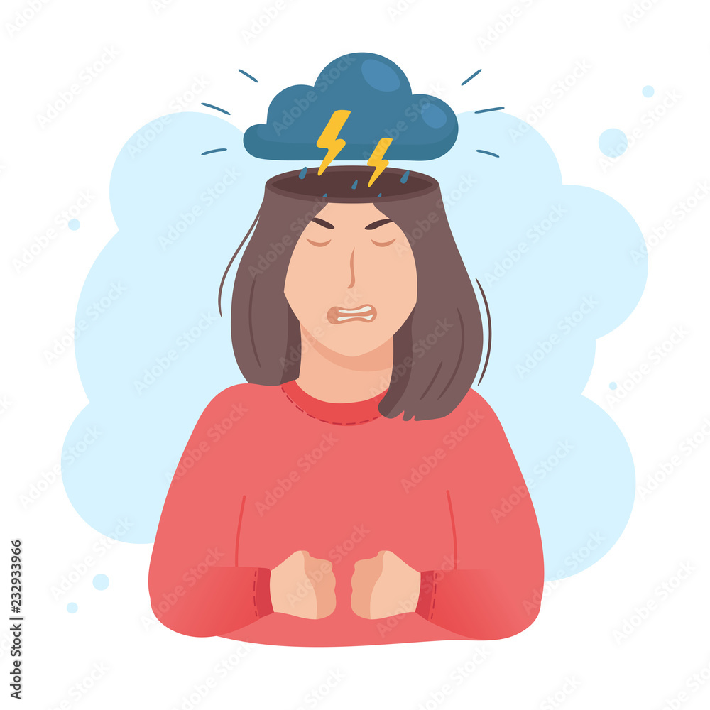 Inside woman's head concept. Angry aggressive girl, thunderstorm with dark cloud and lightning above her head. Negative mood and bad temper metaphor. Vector illustration isolated on white Stock Vector | Adobe Stock Inside woman's head concept. Angry aggressive girl, thunderstorm with dark cloud and lightning above her head. Negative mood and bad temper metaphor. Vector illustration isolated on white Stock Vector | Adobe Stock