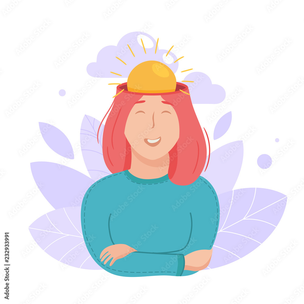 Inside woman’s head concept. Sun in place of brain. Happy sunny mood concept. Peaceful and calm girl smiling. Vector illustration isolated on white Inside woman’s head concept. Sun in place of brain. Happy sunny mood concept. Peaceful and calm girl smiling. Vector illustration isolated on white