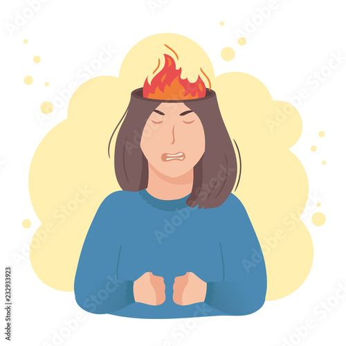 Inside woman’s head concept. Angry aggressive girl, fire and flame in place of brain. Negative mood and bad temper metaphor, burning thoughts. Vector illustration isolated on white
