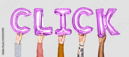 Hands holding cilck word in balloon letters photo