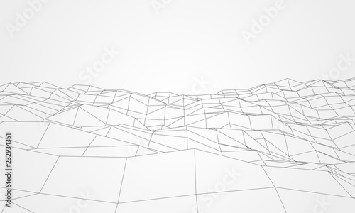 Wireframe polygonal landscape. Mountains with connected lines and dots. Vector illustration.