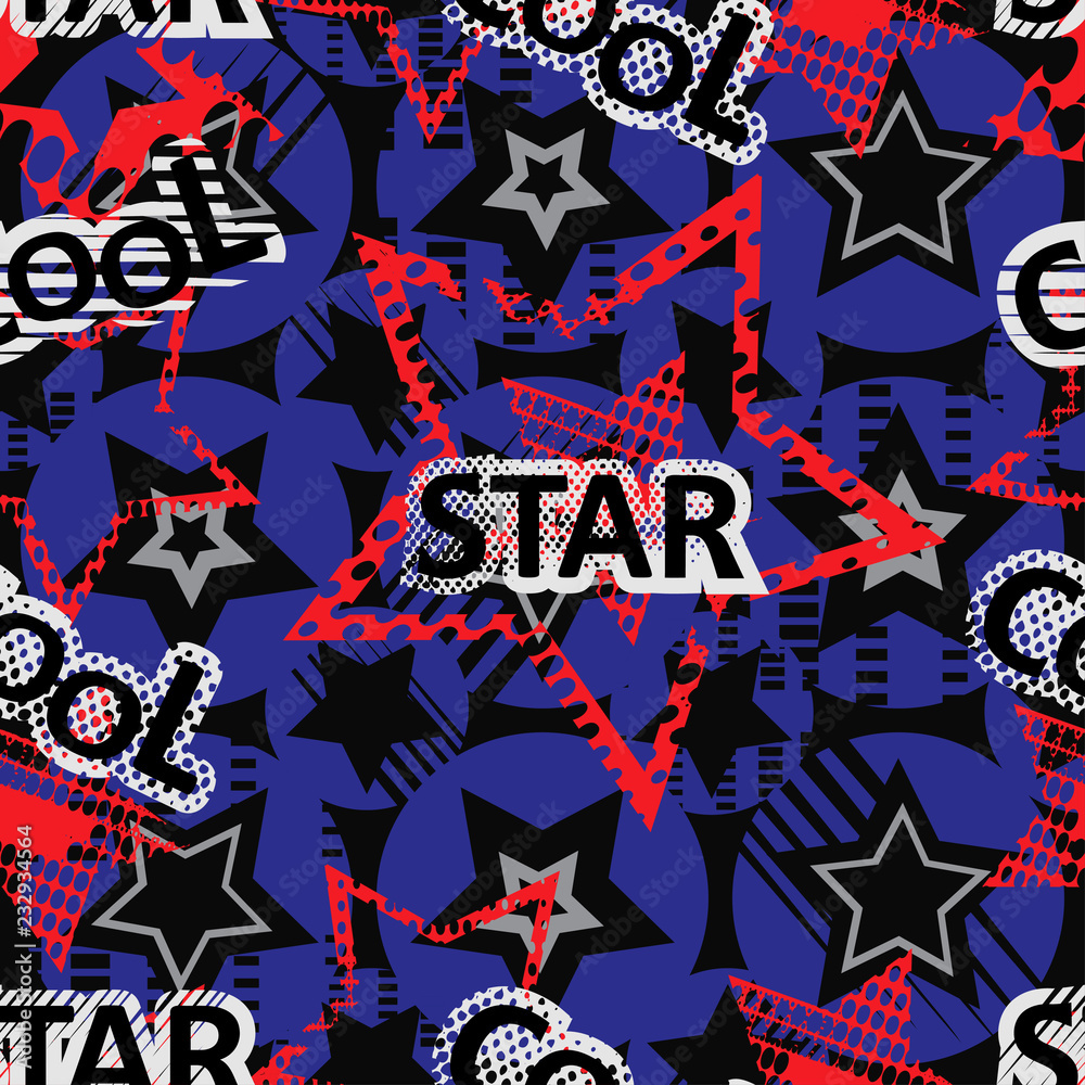 Abstract seamless stars pattern for girls, boys, clothes. Creative vector background with dots, geometric figures, stars. Funny wallpaper for textile and fabric. Fashion stars pattern style for kids