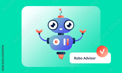 Colorful Robo Advisor, who is always happy to help. Flat vector illustration for web and printing on light green gradient background.