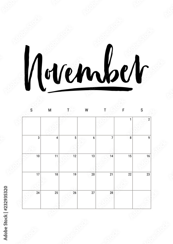 November. Calendar planner 2019, week starts on Sunday. Part of sets of ...