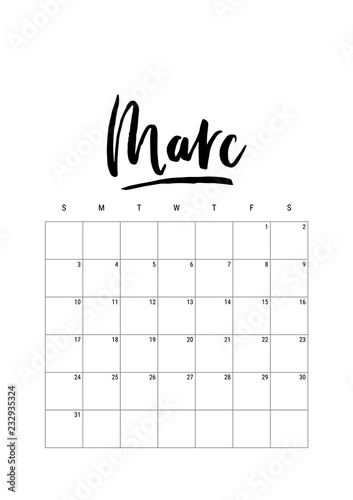 Marc. Calendar planner 2019, week starts on Sunday. Part of sets of 12 months. Wall desk calendar vector template print A4 size, simple black and white minimal design ink hand drawn lettering