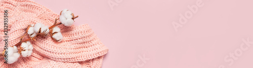 Female pink knitted sweater pullover and branch of cotton on pastel pink background top view flat lay. Fashion Lady Clothes Jumper Autumn winter clothes fashion look Delicate cotton flowers Lifestyle
