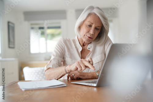  Elderly woman working on computer at home