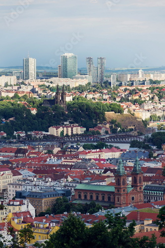 Panoramic view of historic fort Vysehrad with Basilica of St. Peter and St. Paul, Pankrac district in background, Prague tallest buildings City Tower, City Empiria and V Tower, Prague, Czech Republic