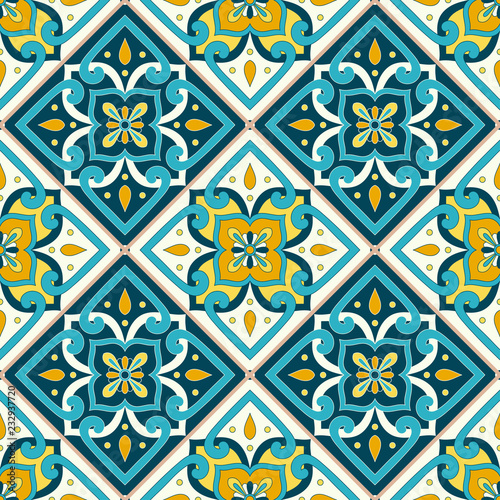 Mexican tile pattern vector seamless with vintage ornaments. Portuguese azulejo, mexico talavera, spanish ceramic or italian sicily majolica design. Mosaic texture for kitchen floor or bathroom wall.