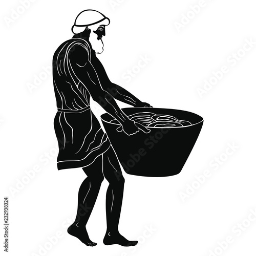 Ancient Greek man slave with a heavy basket in his hands. Figure isolated on white background.