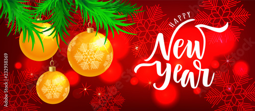 Happy New Year hand lettering on blur background with Christmas balls. Typography for Happy New Year holidays greeting card  invitation  banner  postcard template. Vector illustration.