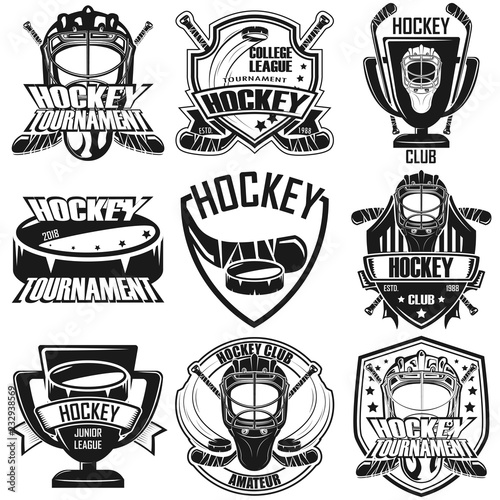 Set of nine hockey badge, emblem team tournament template, vector
