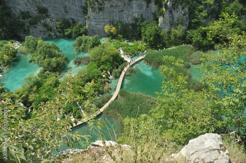 Footbridge and bridges in Plitvice Lakes National Park in Croatia. Holiday