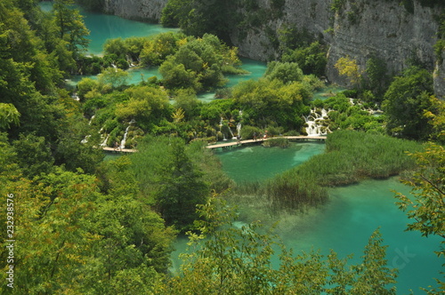Footbridge and bridges in Plitvice Lakes National Park in Croatia. Holiday
