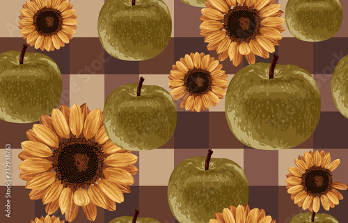 Printable seamless vintage autumn repeat pattern background with green apples and sunflowers. Botanical wallpaper, raster illustration in super High resolution.