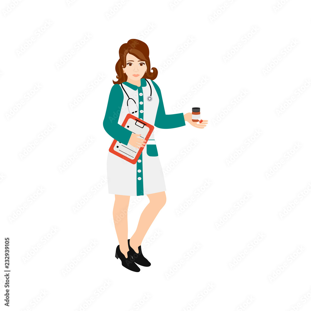 Vector illustration of woman doctor. Smiling beautiful brunette in female medical uniform with stethoscope and mixture in arm. Vector illustration of woman doctor. Smiling beautiful brunette in female medical uniform with stethoscope and mixture in arm.