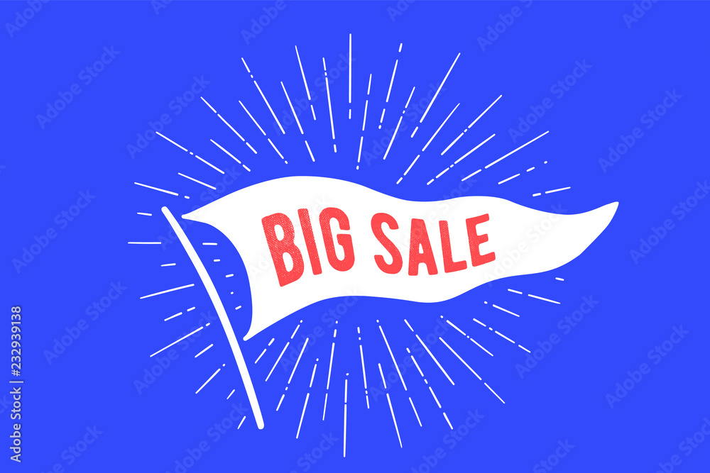 Flag Big Sale. Old school flag banner with text big sale. Ribbon flag in vintage style with linear drawing light rays, sunburst, rays of sun. Hand drawn for discount, sale. Vector Illustration Flag Big Sale. Old school flag banner with text big sale. Ribbon flag in vintage style with linear drawing light rays, sunburst, rays of sun. Hand drawn for discount, sale. Vector Illustration