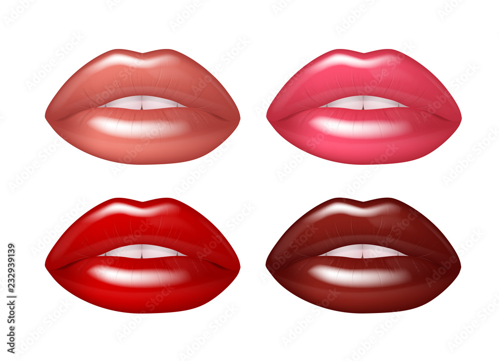 Red sexy lips set with gloss. Female lips with red, pink nude lipstick. Red sexy lips set with gloss. Female lips with red, pink nude lipstick.