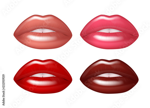 Red sexy lips set with gloss. Female lips with red, pink nude lipstick.