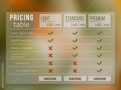 Web pricing table design for business on blur background .Vector illustration.
