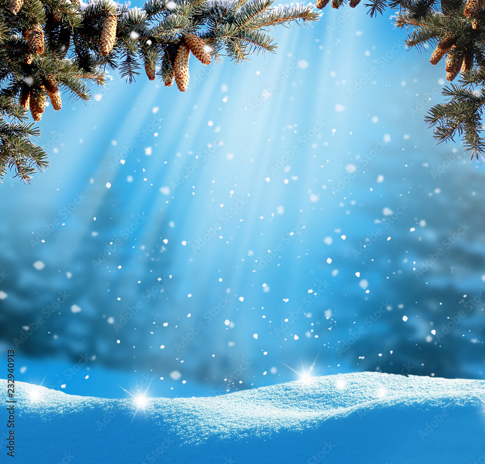 Fototapeta Piękny zimowy krajobraz ze śniegiem pokryte drzewami. Boże Narodzenie tło