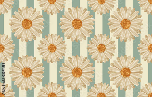 Printable seamless vintage repeat pattern background with white daisies. Botanical wallpaper, raster illustration in super High resolution.
