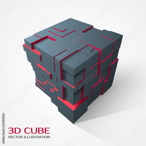 Design element. 3d cube with extruded polygons. Vector illustration.