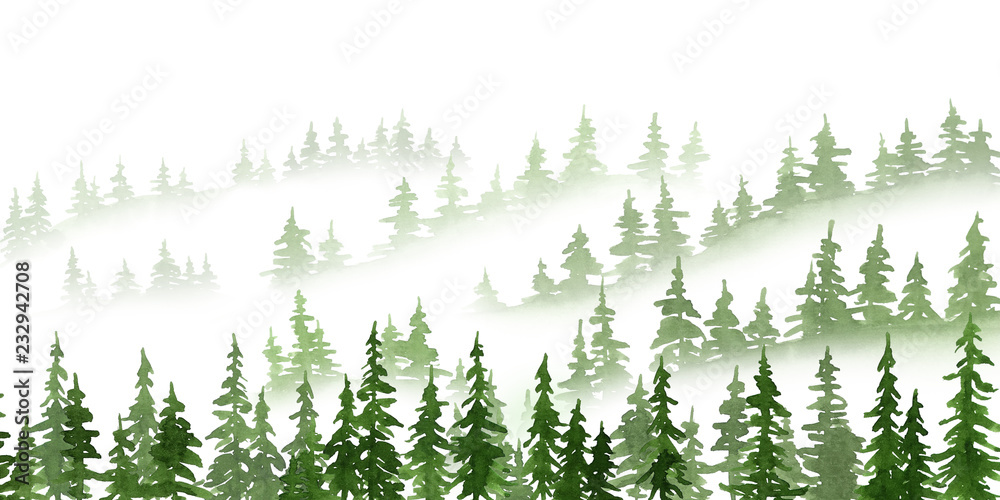 Fototapeta premium Christmas and New Year watercolor landscape with green pine trees silhouettes