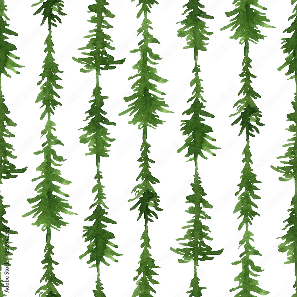 Watercolor green abstract seamless pattern with fir trees