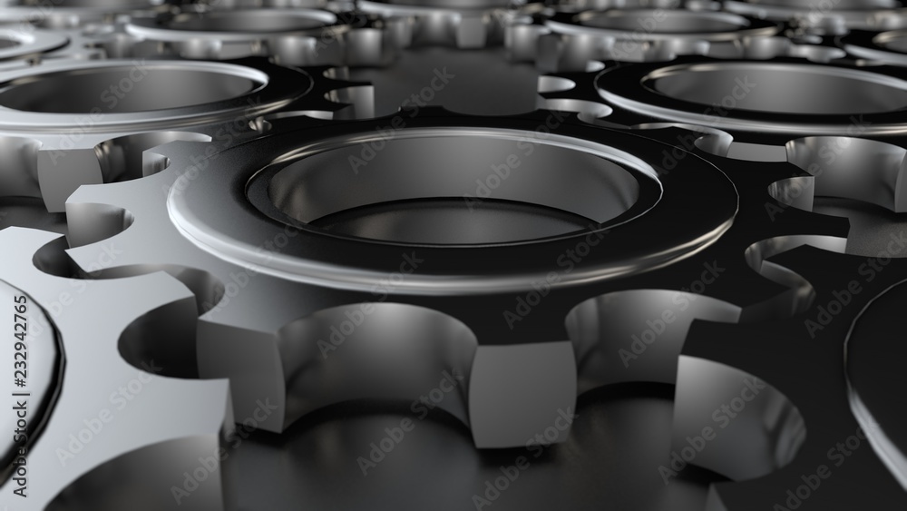 Obraz premium 3D background illustration of a set, a group of metal gears of gold, silver and platinum working in a team. 3D rendering with depth of field. The idea of harmony and unity