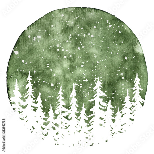 White silhouettes of pine trees in in snow. Watercolor Christmas and New Year illustration