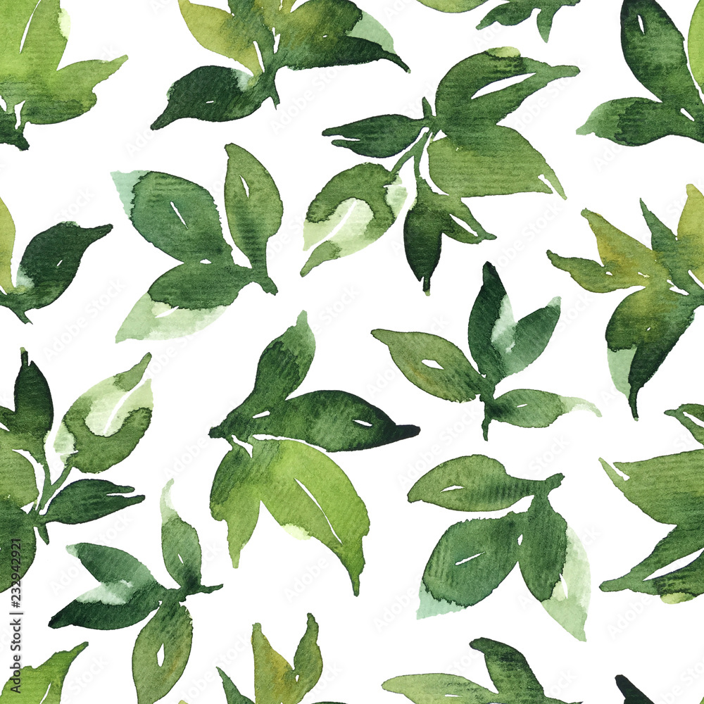 Watercolor seamless pattern with green leaves