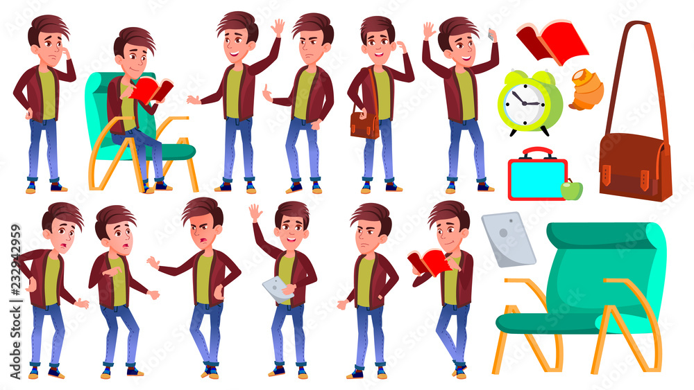 Boy Schoolboy Kid Poses Set Vector. High School Child. Children Study. Knowledge, Learn, Lesson. For Advertising, Placard, Print Design. Isolated Cartoon Illustration