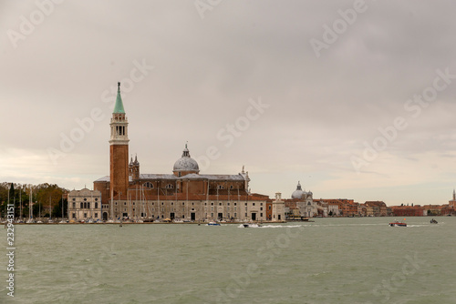 VENICE, ITALY- OCTOBER 30, 2018: Church of San Giorgio Maggiore. Set on an island, an art-filled, bright white church by Palladio giving Venice views from its tower.