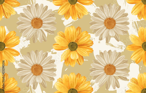 Printable seamless vintage repeat pattern background with yellow chrysanthemum and white daisies. Botanical wallpaper, raster illustration in super High resolution.