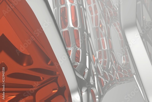 Fototapeta Naklejka Na Ścianę i Meble -  Abstract 3d rendering concept of high poly architecture with steel and glass, chaotic mesh grid cellular mulecular structure. Sci-fi background with polygonal shape in mist or fog air. Futuristic