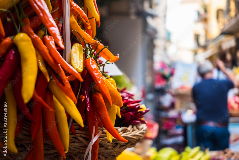 Naklejka premium stack of spicy habanero in naples italy on the fleet street market with healthy and natural mediterranean food