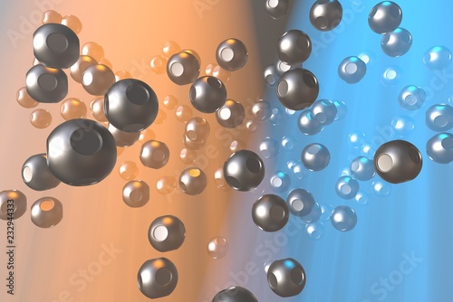 Abstract steel metal spheres flying in the space 3d rendering. Futuristic concept background in foggy space. Sci-fi shape and concept filled bright volume godrays light