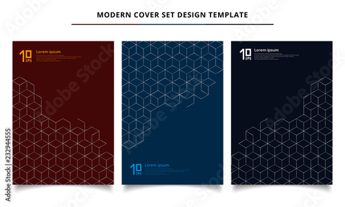 Set of modern cover design template silver hexagons border pattern on dark background.