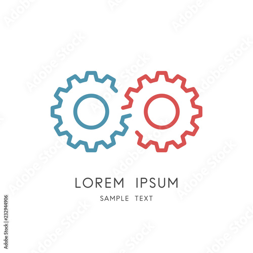 Gear transmission logo - two pinions or toothing and infinity symbol. Eternal engine and perpetuum mobile, teamwork, cooperation and collaboration vector icon.